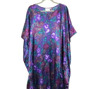 1980s Satin Caftan Maxi Dress California Dynasty XL Purple Jewel Tone Luxury
